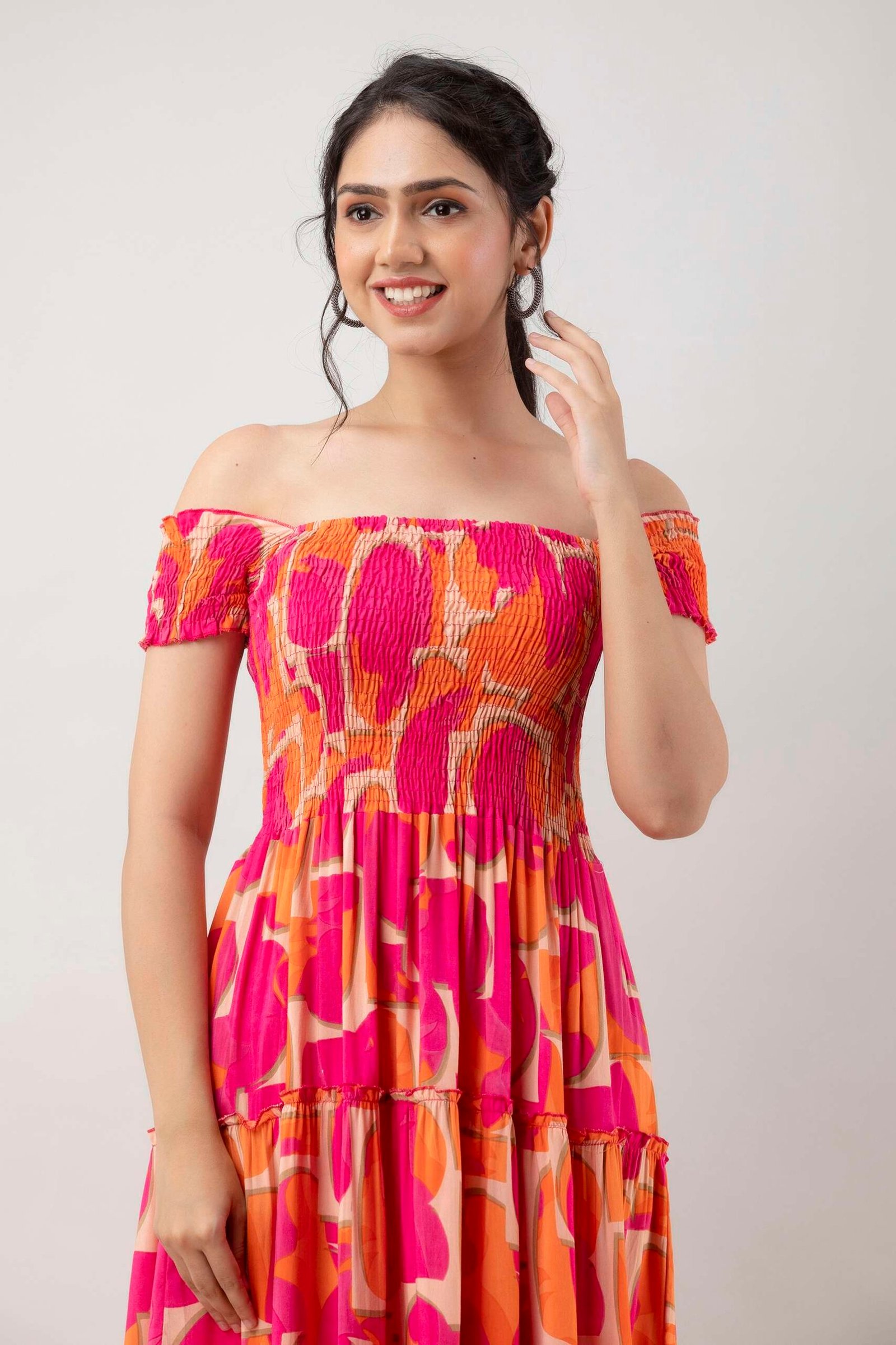 Women's Viscos Rayon Printed Off Shoulder Midi Dress For Summer And Casual Wear (Pink Strip) - Image 6