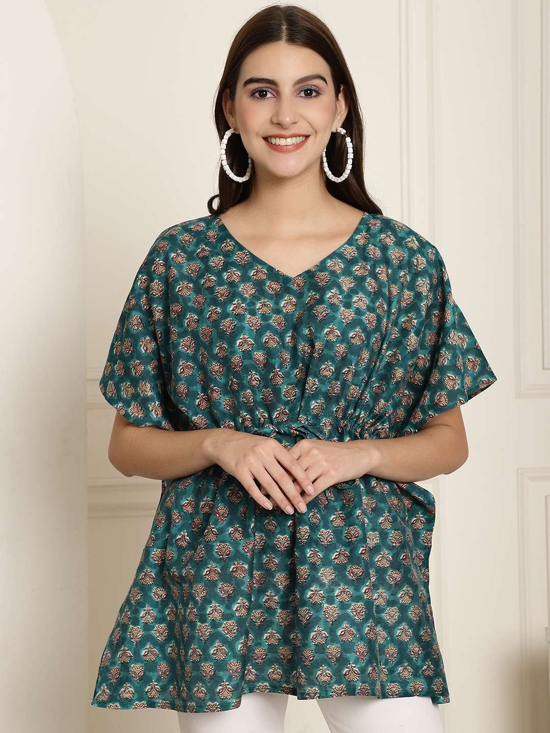 Women's Chanderi Printed Kaftan Top With Bell Sleeve Dress (Green) - Image 6