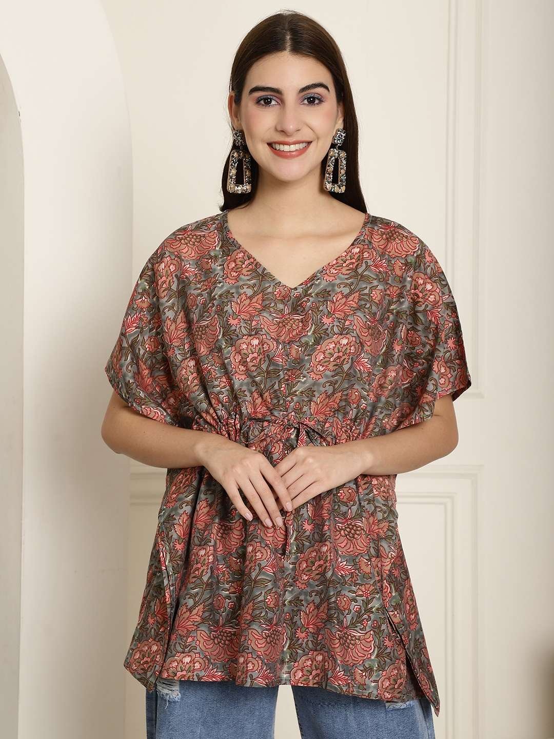 Women's Chanderi Printed Kaftan Top With Bell Sleeve Dress (Multti Color2) - Image 6