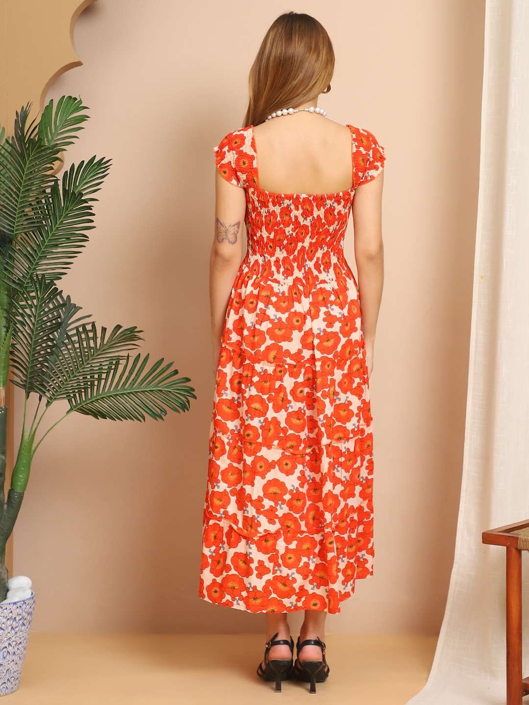 Women's Viscos Rayon Printed Off Shoulder Midi Dress For Summer And Casual Wear (Orange Floral) - Image 7