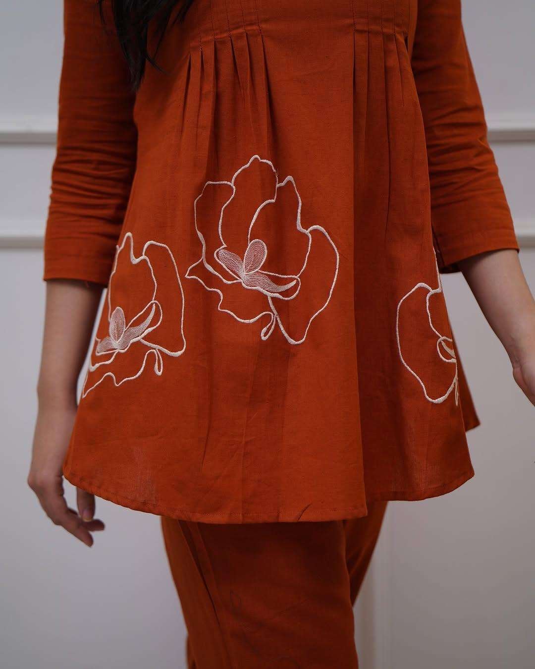 Women's Cotton Embroidered Co-ord Set 2 Piece Top Bottom Set
