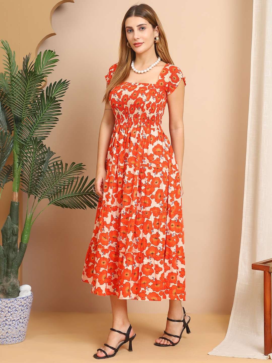 Women's Viscos Rayon Printed Off Shoulder Midi Dress For Summer And Casual Wear (Orange Floral) - Image 2