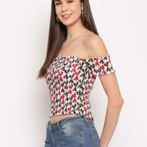 Women's Rayon Printed Off-Shoulder Smocked Crop Top Short Sleeve Casual Styles Tank Top (FREE SIZE) Multi33