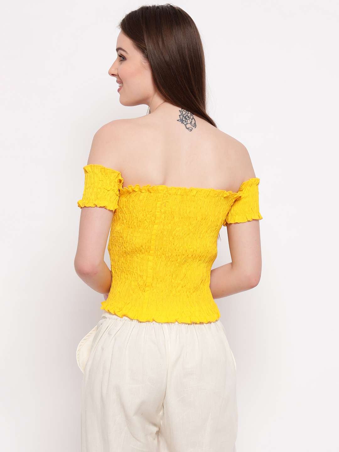 Women's Rayon Solid Off-Shoulder Smocked Crop Top Short Sleeve Casual Styles Tank Top (FREE SIZE) Multi31 - Image 3