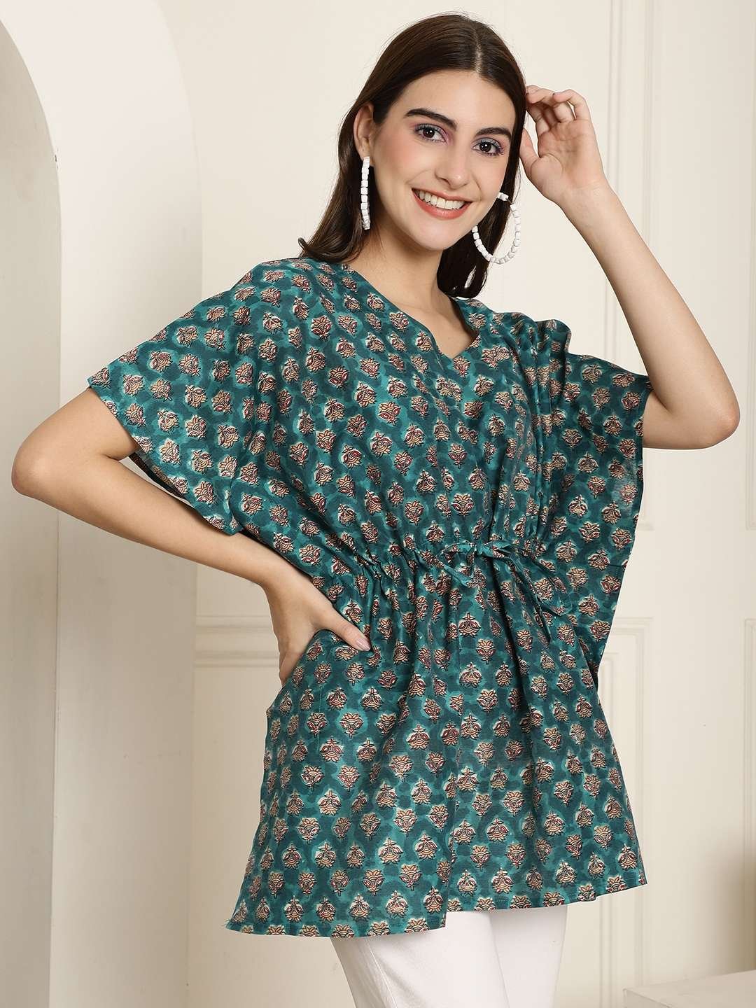 Women's Chanderi Printed Kaftan Top With Bell Sleeve Dress (Green) - Image 2