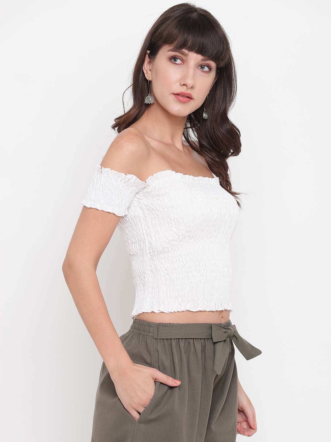 Women's Rayon Solid Off-Shoulder Smocked Crop Top Short Sleeve Casual Styles Tank Top (FREE SIZE) Multi30 - Image 2
