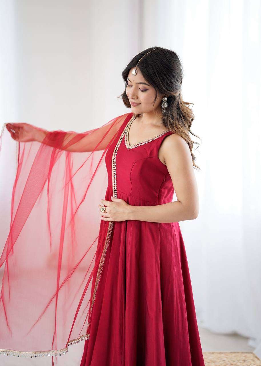 Womens Pure Romansilk Chanderi Anarkali Kurti with Pant & Dupatta Set - Image 7