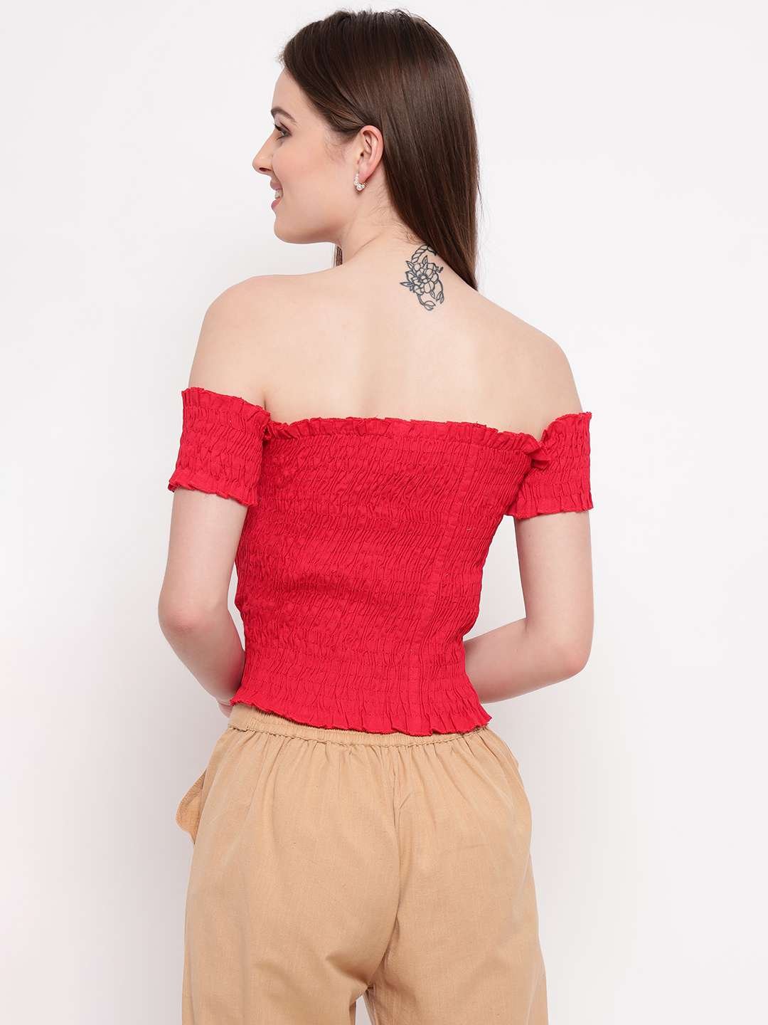 Women's Rayon Solid Off-Shoulder Smocked Crop Top Short Sleeve Casual Styles Tank Top (FREE SIZE) Multi28 - Image 3